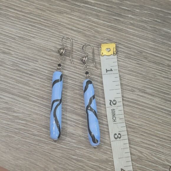 925 Sterling Silver Blue Glass 3" Dangle Earrings - Picture 7 of 7